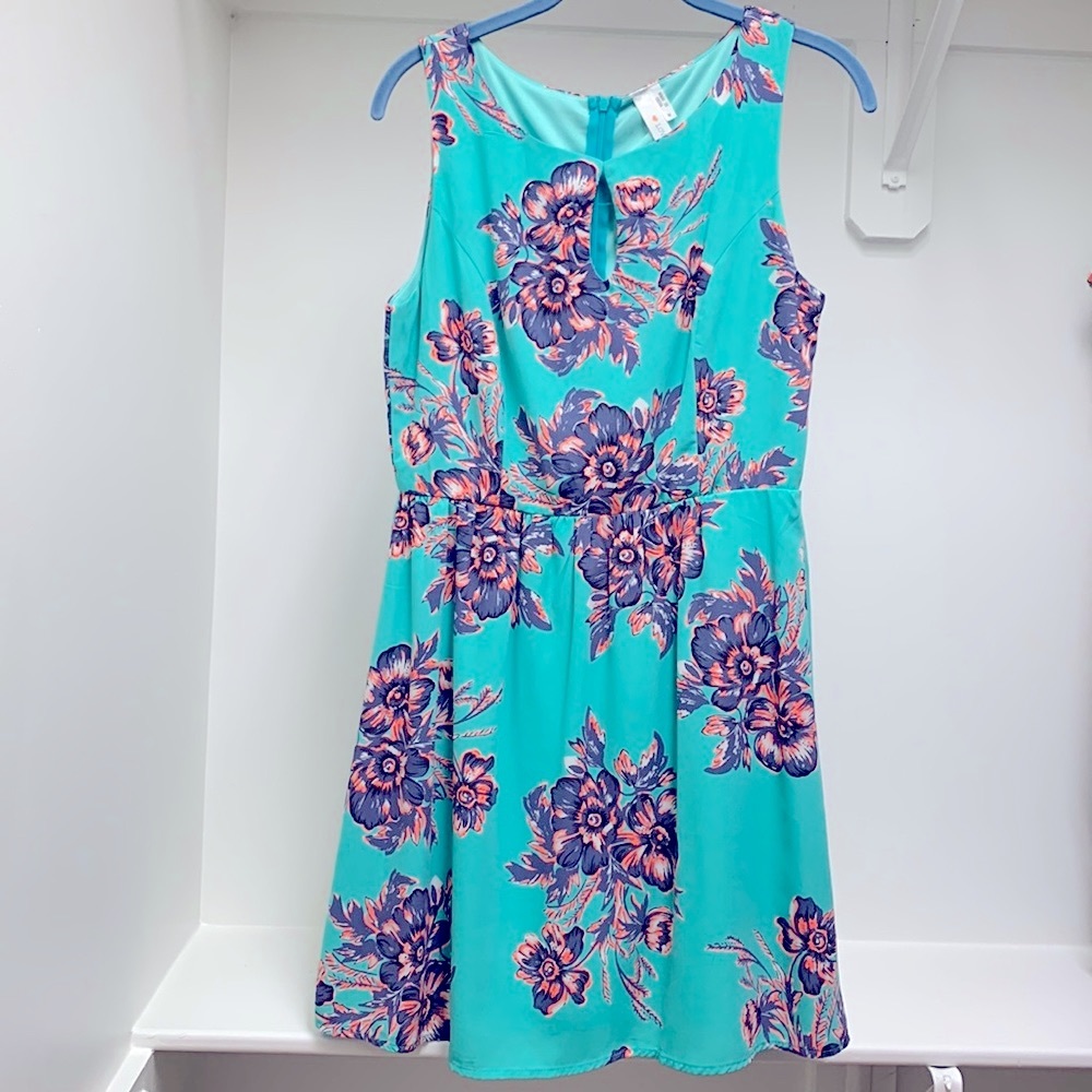 Summer floral dress - vibrant/neon coral and denim-blue coloring